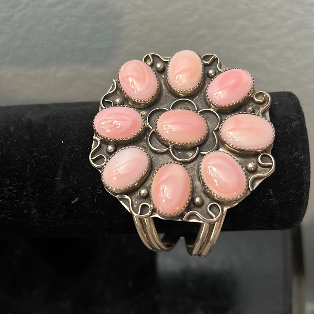 Artist Signed Native America Navajo Sterling Silver Pink Shell Concho Bracelet.